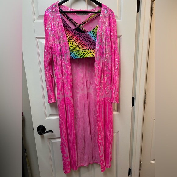 Hot Pink Sequin Duster Barbiecore Rodeo Festival Southern Fries Chics - Picture 3 of 6